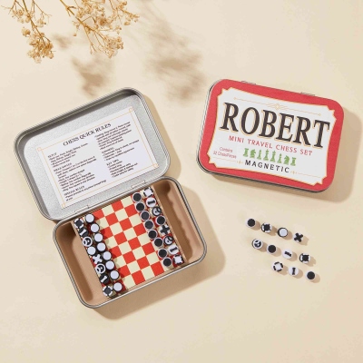 Personalized Magnetic Travel Chess Set with Name, Small Portable Altoids Tin Chess Board Game, Birthday/Christmas Gift for Chess Lovers