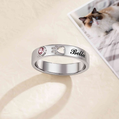 Personalized Hollow Paw Print Ring with Name & Birthstone, Sterling Silver 925 Pet Memorial Jewelry, Birthday/Pet Loss Gift for Pet Lovers/Owners