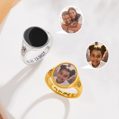 Custom Engraved Heat-Activated Photo Ring with Birthstone, Magic Hidden Picture Disc Charm Ring, Birthday/Anniversary/Memorial Gift for Family/Friends