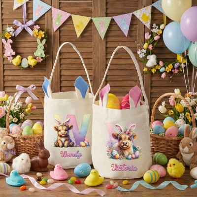 Custom Name Easter Highland Cow Alphabet Bucket Bag with Bunny Ears, Easter Egg Hunt Basket, Cotton Linen Easter Goodie Bag, Easter Gift for Kids