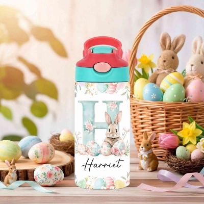 Custom Name Watercolor Bunny & Easter Eggs Floral Alphabet Water Bottle, Stainless Steel 12oz Tumbler with Straw & Lid, Birthday/Easter Gift for Kids