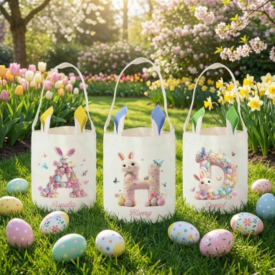 Custom Name Rabbit & Easter Eggs 3D Pink Alphabet Bucket Bag with Bunny Ears, Cotton Linen Easter Egg Hunt Basket, Easter Gift for Kids/Boys/Girls