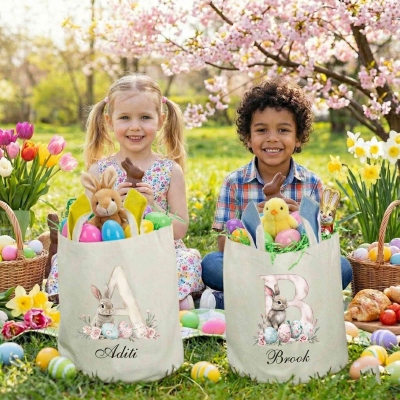 Custom Name Watercolor Rabbit & Easter Eggs Floral Alphabet Bucket Bag with Bunny Ears, Cotton Linen Easter Egg Hunt Basket, Easter Gift for Kids