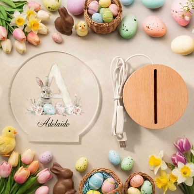 Personalized Name Watercolor Bunny & Easter Eggs Floral Alphabet LED Night Light, Acrylic Night Lamp with Wooden Base, Birthday/Easter Gift for Kids