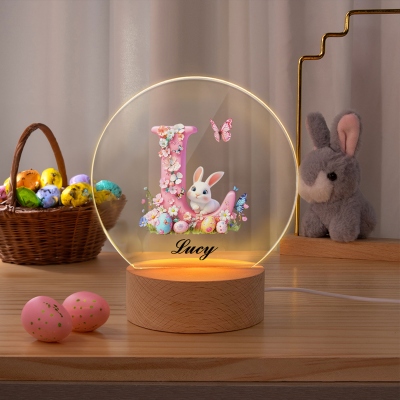 Personalized Name Bunny & Easter Eggs 3D Pink Alphabet LED Night Light, Acrylic Night Lamp with Wooden Base, Birthday/Easter Gift for Newborns/Kids