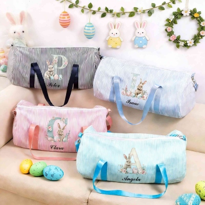 Custom Name Watercolor Bunny & Easter Eggs Floral Alphabet Mini Seersucker Duffle Bag, Kids' Overnight Bag, Birthday/Easter Gift for Kids/Boys/Girls