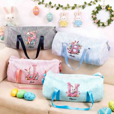 Personalized Name Rabbit & Easter Eggs 3D Pink Alphabet Mini Seersucker Duffle Bag, Children's Overnight Bag, Birthday/Easter Gift for Kids/Teens