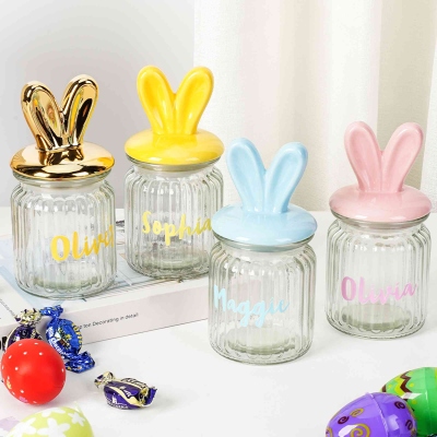 Bunny Ears Glass Jar & Ceramic Lid 250/580ml, 4 Pastel Colours, Easter Bunny Rabbit Chocolate Candy Sweets, Spring Glass Gift Mini Eggs Storage