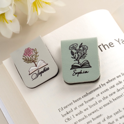 Personalized Birth Flower PU Leather Bookmark with Name, Magnetic Bookmark Clip, Reading Accessory, Birthday Gift for Book Lovers/Librarians/Women