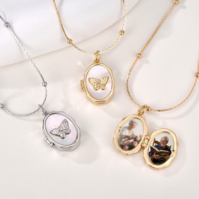 Personalized 1-2 Photos Butterfly Shell Oval Locket Necklace, Dainty Picture Jewelry, Birthday/Anniversary/Memorial Gift for Her/Mom/Family/Pet Lovers
