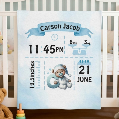 Personalized Name Bear Design Baby Birth Stats Blanket, Flannel/Sherpa Birth Announcement Throw, Nursery Decor, Baby Shower/Birthday Gift for Newborns