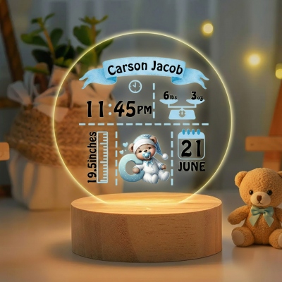 Custom Name Bear Design Baby Birth Stats LED Night Light, Acrylic Night Lamp with Wooden Base, Nursery Decor, Baby Shower/Birthday Gift for Newborns