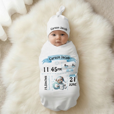Personalized Name Bear Design Baby Birth Stats Receiving Blanket with Beanie, Baby Swaddle & Hat Set, Baby Shower/Birthday Gift for Newborns