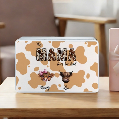 Custom Names Grandma Highland Cow Loves Her Herd Treat Tin with Lid, Biscuit Box, Tinplate Container, Birthday/Mother's Day Gift for Mom/Grandma
