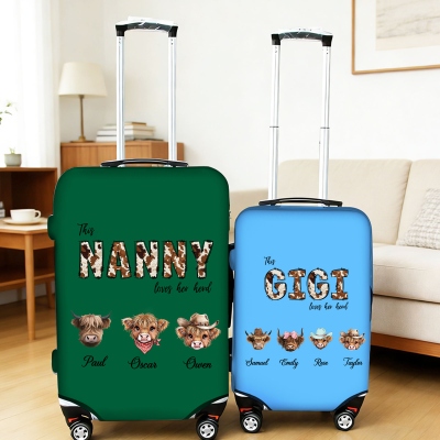 Custom Names Grandma Highland Cow Loves Her Herd Luggage Cover, Suitcase Protector Wrap, Travel Accessory, Birthday/Mother's Day Gift for Mom/Grandma