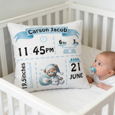 Custom Name Bear Design Baby Birth Stats Throw Pillow Cover, Pillowcase with Optional Insert, Nursery Decor, Baby Shower/Birthday Gift for Newborns