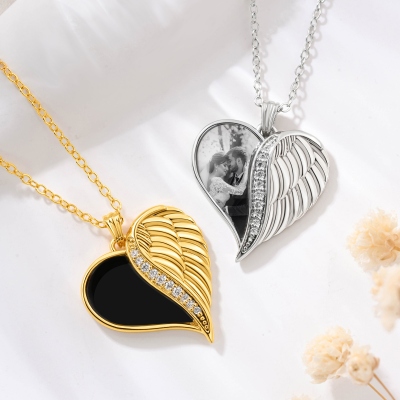Personalized Engraved Heat-Activated Hidden Photo Angel Wing Heart Necklace, Magic Secret Image Necklace, Birthday/Memorial Gift for Family/Friends
