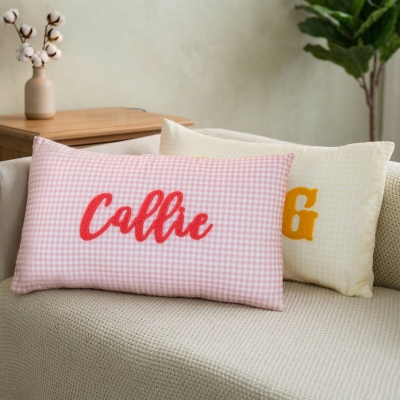 Personalized Punch Needle Gingham Pillow Cover with Name, Pillowcase with Optional Insert, Home Decor, Baby Shower/Housewarming Gift for Kids/Family