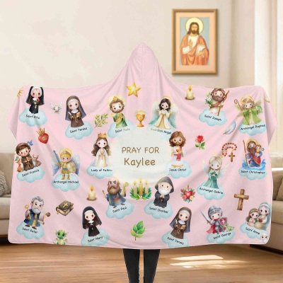 Personlig namntecknad Heliga helgon från himlen med huva, arktisk fleece-filt med huva, födelsedags-/doppresent för kristna/katoliker