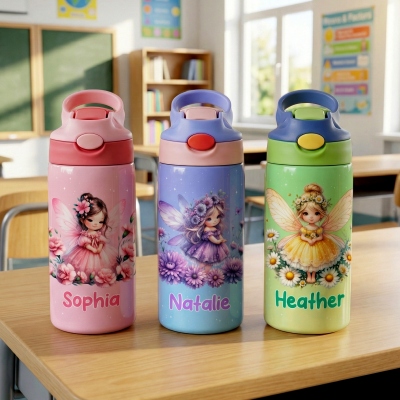 Personalized Name Birth Flower Little Fairy Water Bottle, Stainless Steel 12oz Tumbler with Straw & Lid, Back to School/Birthday Gift for Girls