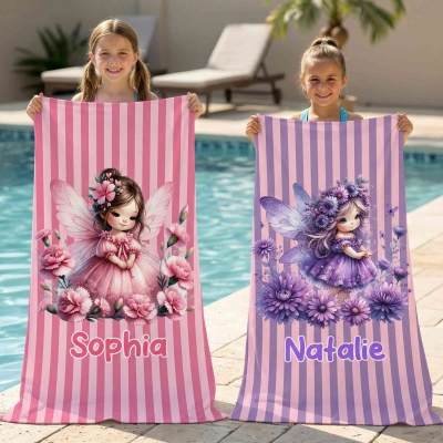 Custom Name Birth Flower Little Fairy Striped Beach Towel, Quick Dry Microfiber Pool Towel, Vacation/Beach Party Favor, Birthday Gift for Girls