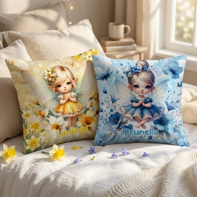 Personalized Birth Flower Little Fairy Throw Pillow Cover with Name, Pillowcase with Optional Insert, Birthday/Children’s Day Gift for Girls