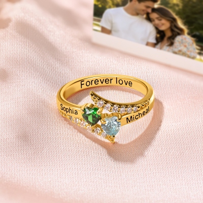 Personalized Engraved Double Heart Birthstones Ring, Dainty Promise Ring, Birthday/Anniversary/Valentine’s Day/Wedding Gift for Girlfriend/Wife/Couple
