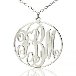 Solid White Gold Vine Font Circle Initial Monogram Necklace