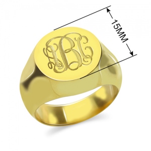 Finely-Designed Engraved Circle Monogram Signet Ring 18K Gold Plated
