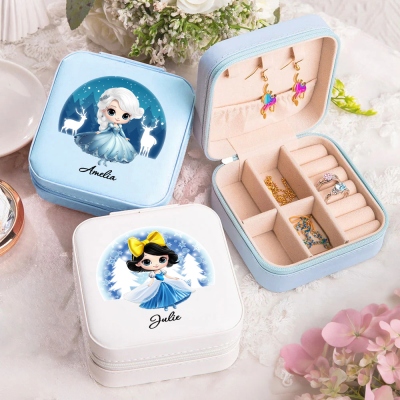 Personalized Cartoon Fairytale Princess Jewelry Box, Custom Name Leather Travel Jewelry Case with Multiple Compartments, Birthday Gift for Girl/Her