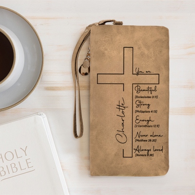 Custom Name Cross Tri-Fold Wallet, Inspirational Bible Verses Leather Wallet Card Holder with Wrist Strap, Birthday/Baptism Gift for Her/Mom/Women