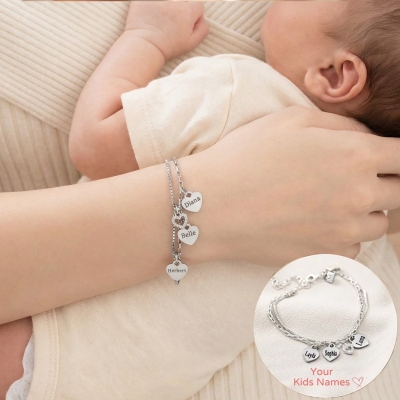 Custom Name Bracelet with 1-6 Heart Charms, Double Chain Bracelet, Family Jewelry, Mother's Day/Anniversary/Birthday Gift for Mom/Grandma/Family/Her