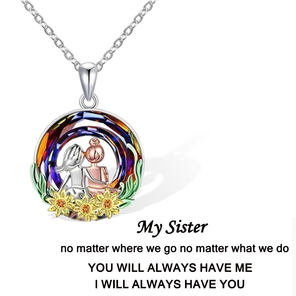 Colar de irmã personalizado, colar de prata esterlina de girassol de cristal com mensagem, presente de aniversário/de volta às aulas para irmã/filha/amiga