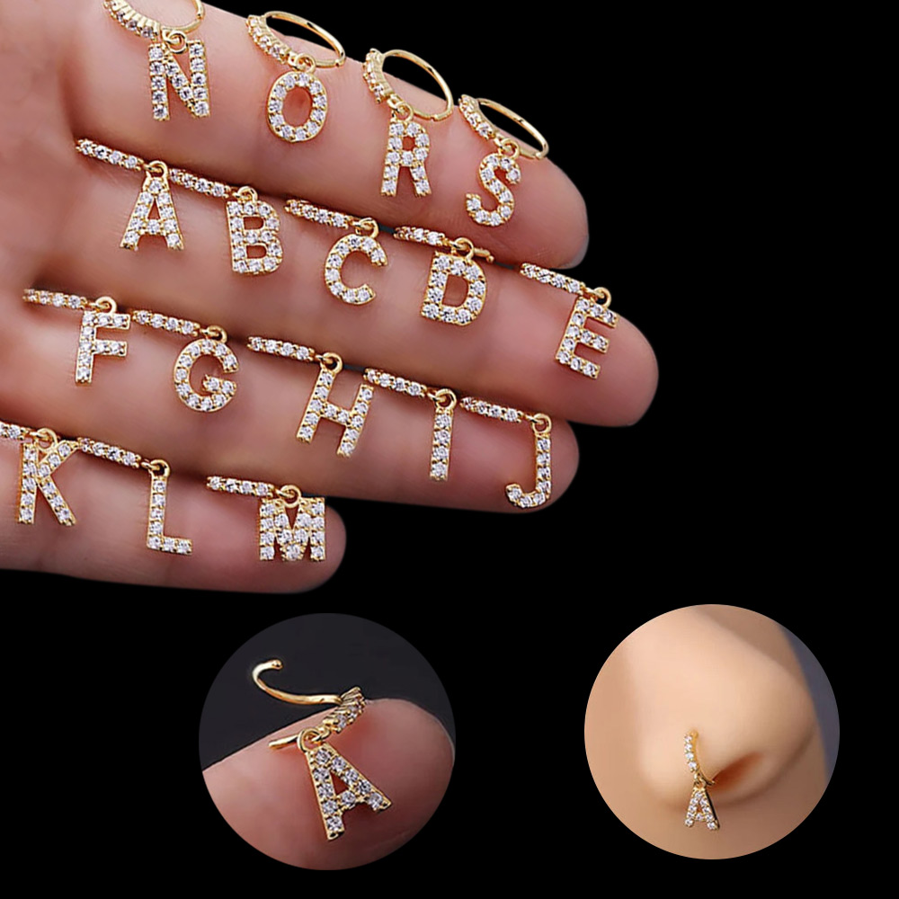 Anel de nariz com letra personalizada, argola de nariz com letra do alfabeto, anel de nariz de latão com iniciais, joias perfurantes, presente para menina