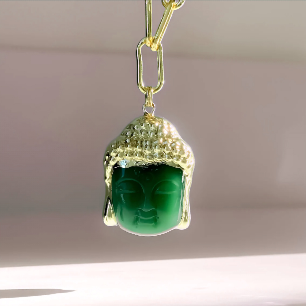 Colar de Buda de Jade Verde Autêntico, Pingente de Cabeça de Buda com Colar de Corrente, Colar de Buda Verde, Colar de Buda Prata