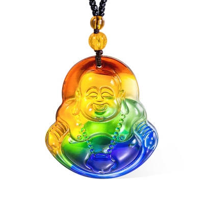 Colorful Rainbow Buddha Necklace, Rainbow Jade Buddha Pendant with Bead Chain, Buddhist Jewelry Lucky Amitabha Amulet, Gift for Men & Women