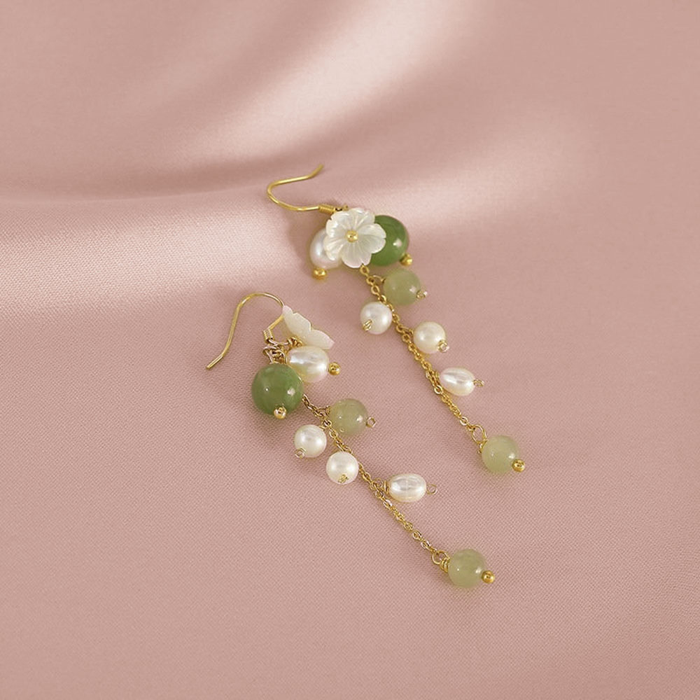 Fresh Water Pearl Jade Drop Shell Flower Earrings, Women's Dainty Pearl ...