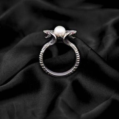 Silver Snake Ring, Oxidized Cobra Pearl Ring, Snake Eye Birthstone Ring, Women Jewelry, Best Gift for Her, Birthday/Christmas Gift