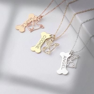 Custom Dog Name Necklace, Bone Necklace with Angel Charm, Pet Dog Loss Memorial Necklace, Pet Lover Gift, Dog Necklace for Dog Mom