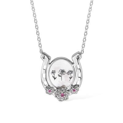 Personalisierte Hufeisen-Halskette mit Geburtsblume, Hufeisenblumen-Halskette, Hufeisenschmuck, Glücksbringer, Geschenk für Mama/Oma/Pferdeliebhaberin