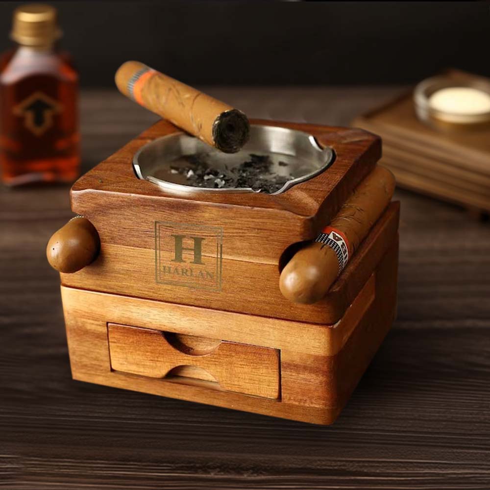 Cendrier à Cigares De Voyage Eitida - Bois & Acier Inoxydable, Avec Coupe, Punch Et Repose-cigare - Cadeau Homme élégant