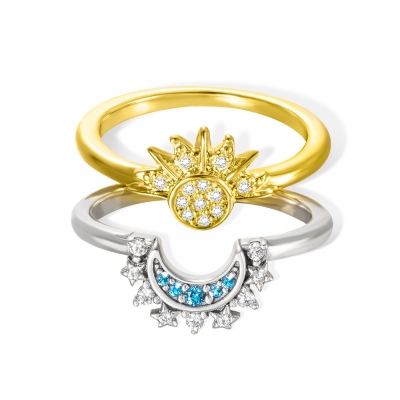 Celestial Blue Sparkling Moon Ring & Golden Sparkling Sun Ring, Parringar Set med 2, Sterling Silver 925 smycken, present till par/nygifta