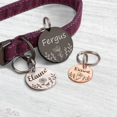 Étiquette de nom de chien de bouquet de fleurs de naissance personnalisée, message personnalisé mignon en forme d'os, cadeaux commémoratifs pour animaux de compagnie, cadeaux pour amoureux des animaux de compagnie/maman de chien