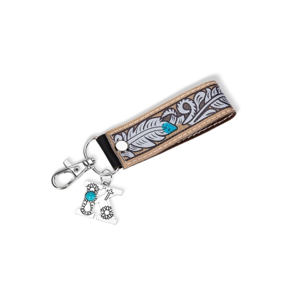 Personlig västerländsk läderarmbandsnyckelring, anpassad initial hängande nyckelring med turkos, fars dag/födelsedagspresent till pappa/pojkvän/cowboy