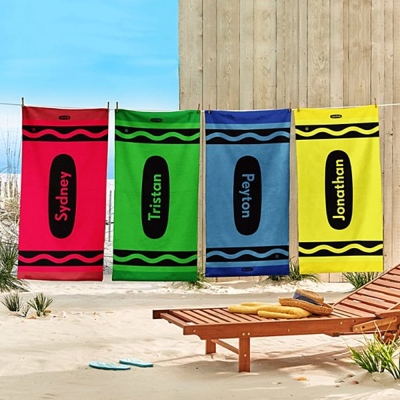 Personalized Name Crayon Beach Towel, Custom Monogram Pool Towel with Multiple Colors, Pool Party Favor, Vacation/Back to School Gift for Kid/Friend