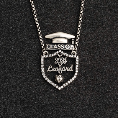 Personalized Name with Graduation Cap Necklace, Class 2024 Graduation Cap, Shield Necklace, D20 Necklace, Graduation Souvenir, Graduation Gift