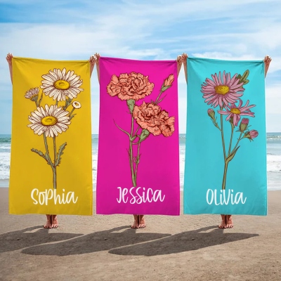 Personalized Watercolor Birth Flower Beach Towel, Custom Monogram Pool Towel, Bachelor Party Favor, Bridesmaid Gift, Vacation Gift for Family/Friend