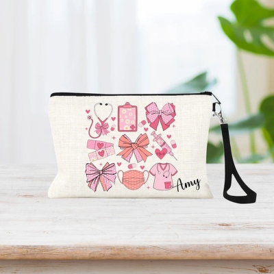 Personalized Name Pink Coquette Bow Nurse Cosmetic Bag, CMA/CNA/MD Travel Makeup Pouch with Zipper & Wrist Strap, Gift for Doctor/Nurse/Medical Staff