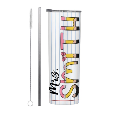 Nom personnalisé Gobelet pour professeur de crayon à nœud rose, tasse de voyage en acier inoxydable de 20 oz avec paille, rentrée scolaire/fête des enseignants/cadeau d'appréciation pour les enseignants