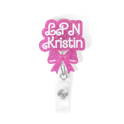 Personalized Glitter Pink Doll Bow Badge Reel, Custom Name Nursing Badge Holder, Medical Badge Reel, Gifts for Nurses/Doctors/Medical Students